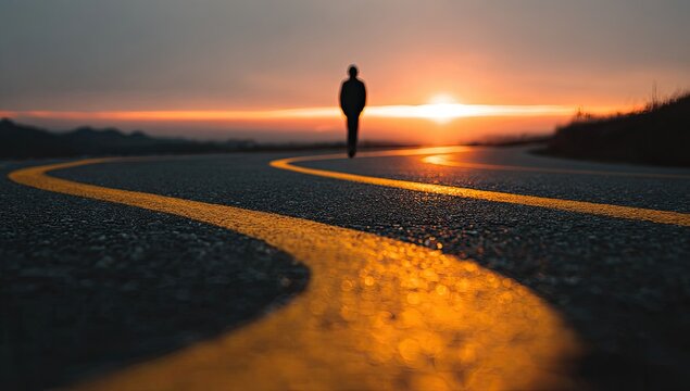 Lone Figure Walks Towards a Fiery Sunset on a Winding Road.