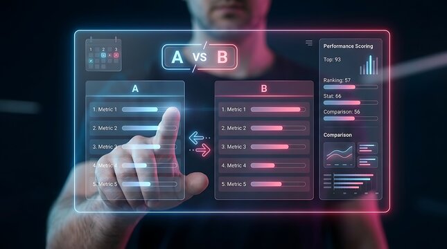 Man's hand interacts with a futuristic digital interface comparing performance metrics and data for A/B testing with holographic charts.