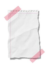 Fototapeta premium Crumpled Torn Squared Notebook Paper with Pink Washi Tape on White Background for Note and Message Mockup