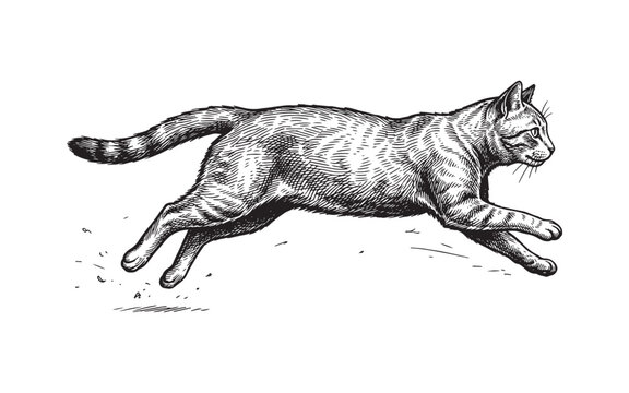 Fast Running Tabby Cat Sketch, Vintage Hand-Drawn Domestic Feline Etching