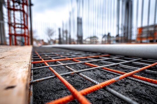 Close-up of steel rebar mesh reinforcement on a construction site foundation