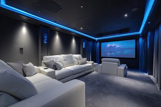 Luxurious home theater with plush seating and ambient blue lighting