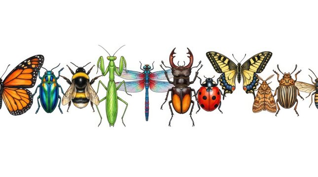 Colorful Diverse Insects Arranged in a Horizontal Row on White Background