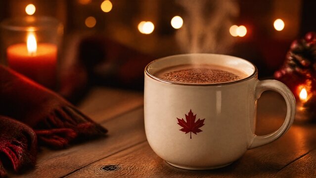 string. Ceramic mug with hot chocolate and maple leaf design on wooden table. representing seasonal cycles and harvest abundance, bar promotions, designed for product packaging and bar promotions.
