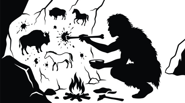 Prehistoric caveman silhouette hunting animals with spear near campfire and cave wall drawings isolated on white background