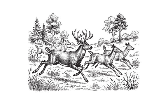 Red Deer Stag with Does in Forest, Detailed Wild Animals Woodcut Scene