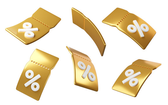 Set of Flying golden 3D discount tags with percent signs, isolated on background. Coupon labels for promotion, sales, banners.
