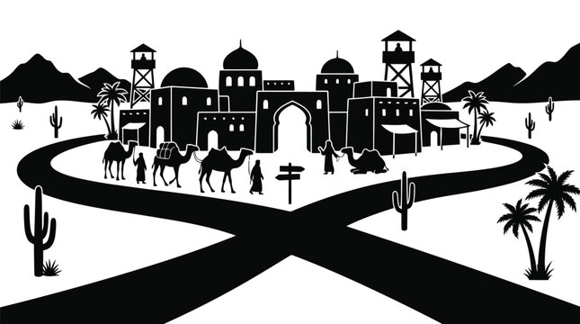 Middle Eastern desert town illustration with camel caravan and palm trees isolated on white background