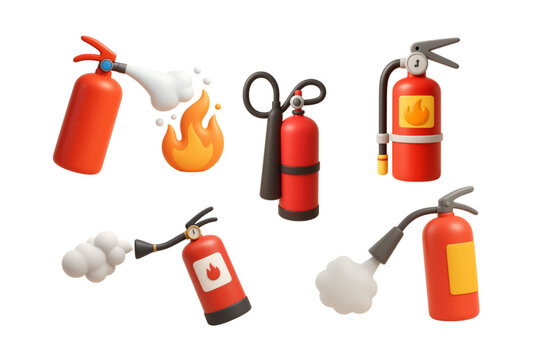 Firefighting equipment 3d render set showing various fire extinguishers and flames isolated on white background