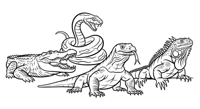 Line art illustration of reptile species including alligator snake iguana and komodo dragon