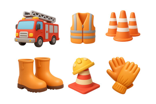 Construction worker gear 3d render including fire truck safety vest traffic cones boots helmet and gloves isolated