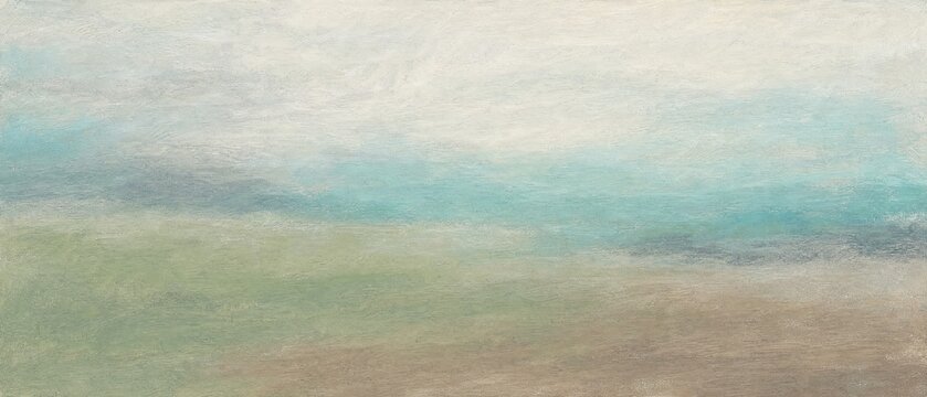 Serene abstract landscape painting featuring soft horizontal bands of pastel teal, green, and beige. banner format