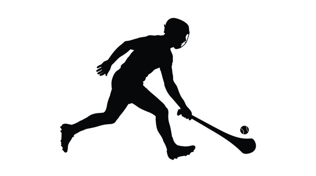 Dynamic black silhouette of hurling player in action striking ball with traditional stick isolated on white background