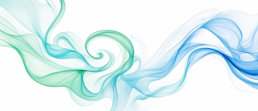 Green and blue abstract fluid swirls flowing across a white background with ethereal smoke texture banner format