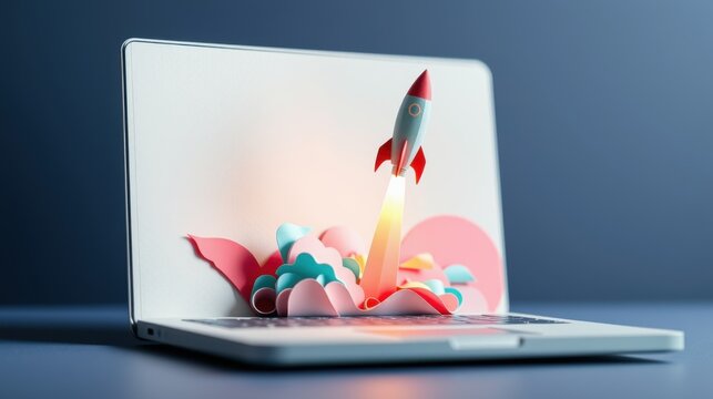 Laptop displays paper rocket launch. Bright colors suggest innovation, technology, startup success. Creative concept, modern design.