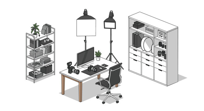 Isometric rendering of a professional photography studio setup, featuring a desk with a computer and camera, an ergonomic chair, two softbox lights, and a shelving unit adorned with books and plants.