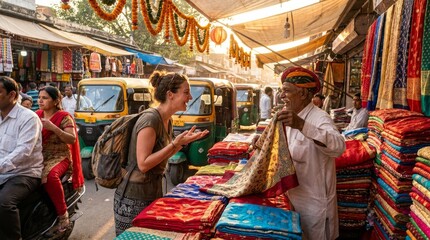 Obraz premium Tourist interacting with vendor at a vibrant textile market in India