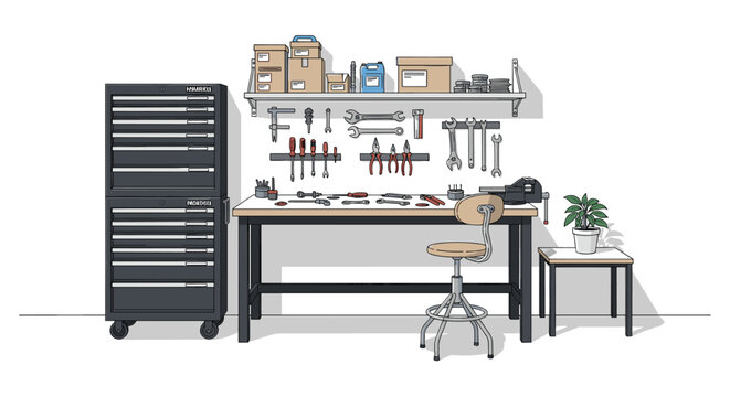 Efficient workshop setup featuring a large rolling tool chest, a robust workbench with a vise and various tools, an overhead shelf for supplies, and a side table with a potted plant.