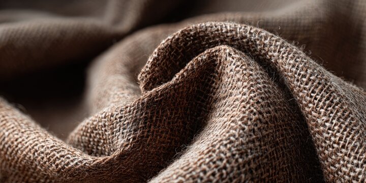 Close-up macro shot of a textured brown burlap fabric with soft folds and shadows.