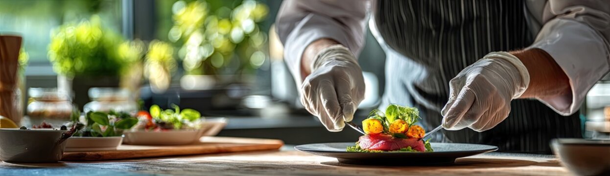 Chef meticulously garnishing a colorful gourmet dish with fresh herbs in a bright, modern kitchen.