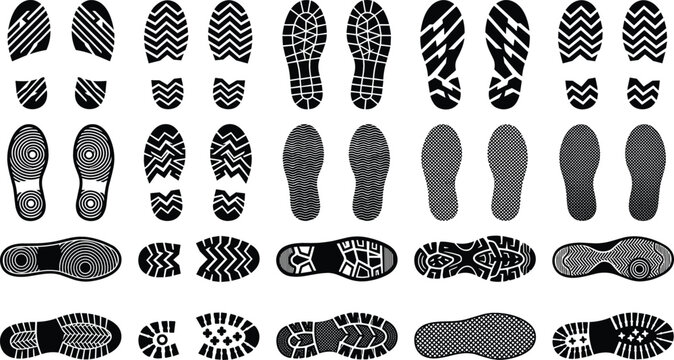 Black Shoe Sole Footprint Vector Set Featuring Sneaker Boot and Casual Footwear Tread Marks Isolated on White Background