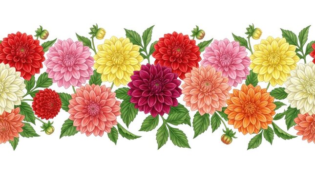 Colorful Dahlia Flowers Arranged As Decorative Border on White Background
