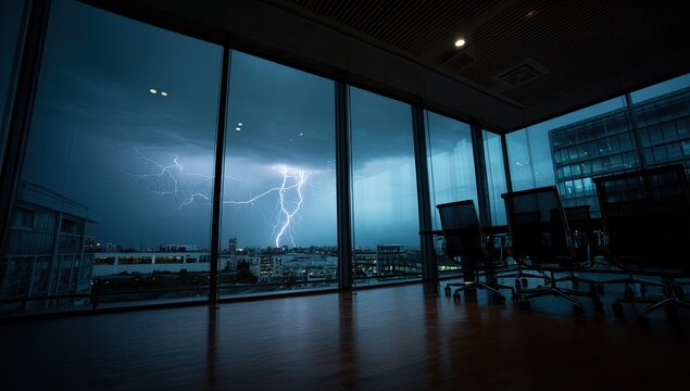 Dramatic Lightning Strike Illuminates City Skyline Through Large Office Window.