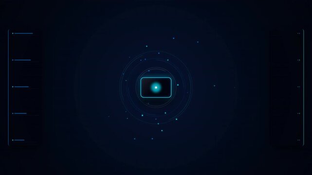 Digital interface with a glowing blue square in the center, surrounded by circular data points and illuminated indicators, set against a dark background