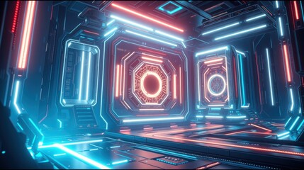 Fototapeta premium Futuristic corridor, glowing neon lights, geometric shapes. Dark background emphasizes vibrant blue, red illumination. Clean lines, modern design.