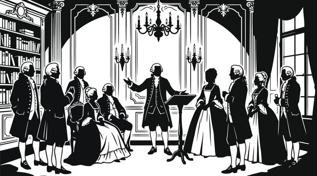 Elegant 18th century aristocratic gathering illustration with period costumes and chandelier lighting isolated on white background