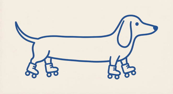 Minimalist dachshund line art vector, funny sausage dog on roller skates illustration, blue outline badger dog pet character for creative branding