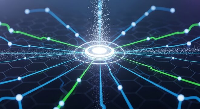 Abstract digital network showing glowing particles radiating from a central point in this vibrant tech photograph