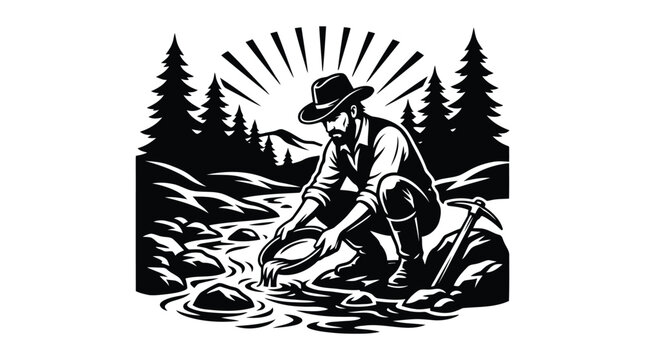 Vintage miner prospecting illustration with hat and pickaxe searching for gold in stream isolated on white background
