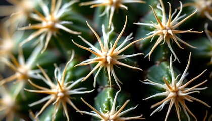 Fototapeta premium The image features a close up view of a cluster of cacti, highlighting their distinctive spines and green, fleshy bodies