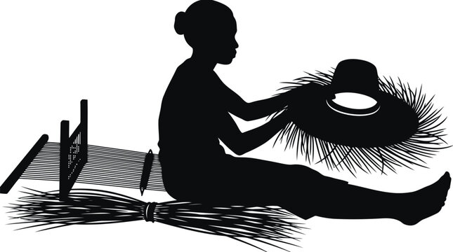 Traditional handcrafting silhouette of person weaving natural fibers with basketry tools isolated on white background