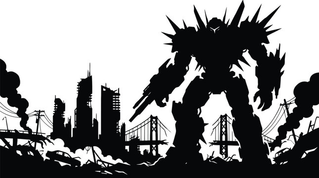 Massive mecha robot silhouette destroying city skyline with dramatic action and dark contrast isolated on white background