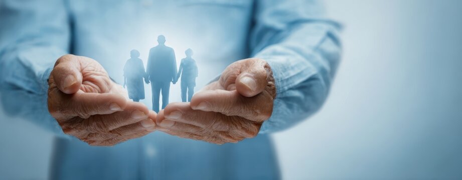 The Hands Cradling a Family Silhouette to Symbolize Protection, Care and Unity