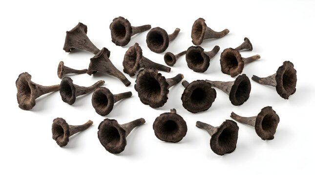 Fresh Black Trumpet Mushrooms (Craterellus cornucopioides) Isolated on White Background