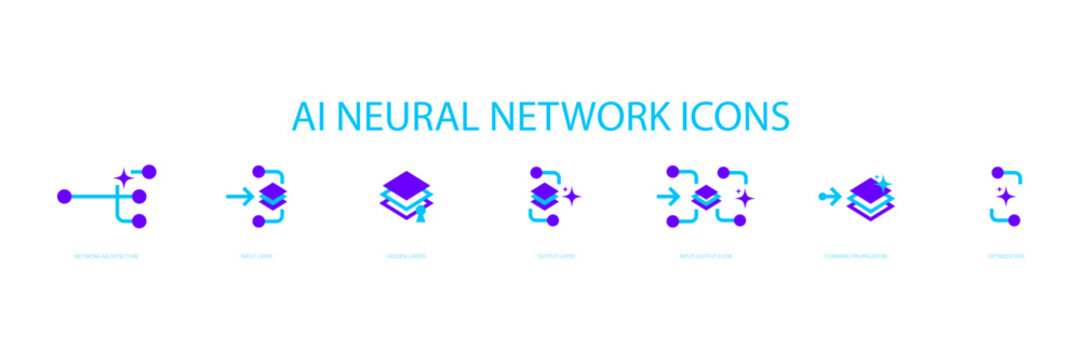 Futuristic AI Neural Network Icon Set for Artificial Intelligence, Machine Learning, and Data Flow Concepts. Isolated on Transparent Background with Editable Stroke