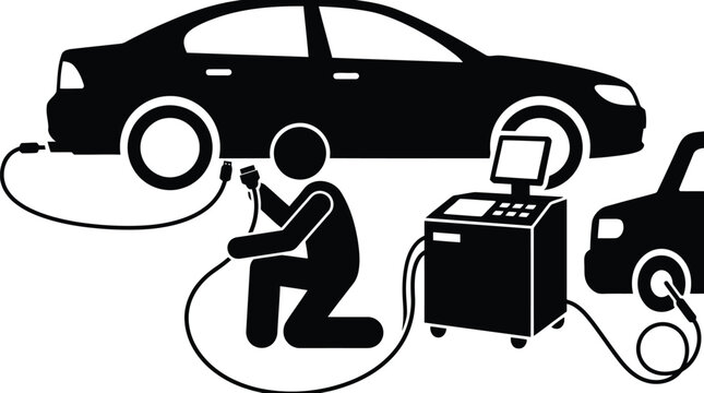 Black and white car mechanic illustration with diagnostic equipment and technician checking vehicle isolated on white background