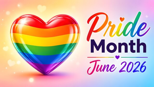 Pride Month June 2026 rainbow heart graphic with colorful LGBTQ celebration design symbolizing equality diversity inclusion and love