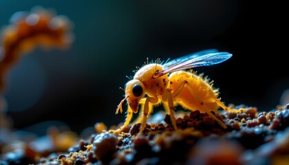 Naklejka premium The image features a close up view of a small, bright yellow insect with transparent wings perched on a textured surface composed of tiny granular particles