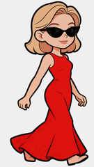 Fototapeta premium Cartoon fashionable woman walking in red evening dress