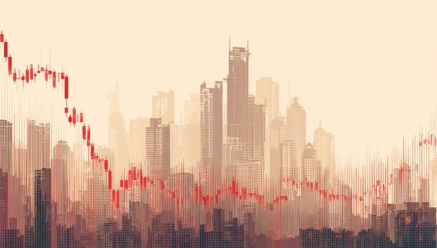 Red downtrend graph overlays silhouetted modern cityscape