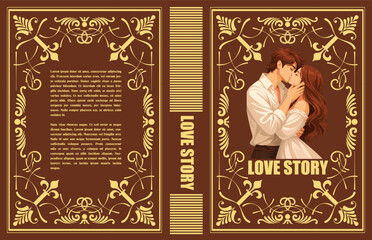 Obraz premium 084-45-Lovers kissing on an ornate romance novel book cover