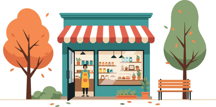 A colorful illustration of a small shop with a striped awning and trees outside.