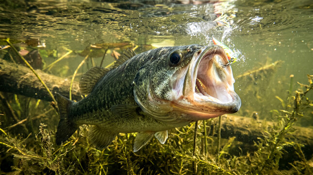 Bass fish luring into the open a large mouth bass attacking a lure underwater