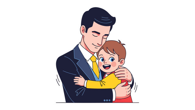 Father's Embrace: A loving father in a suit embraces his cheerful child, sharing a tender moment of connection and affection. Capturing the essence of family love and belonging.