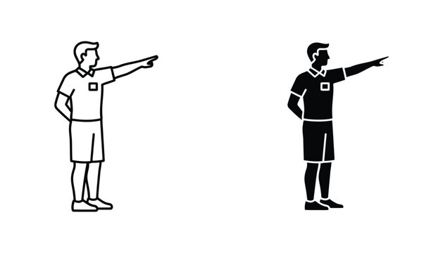 Sports referee pointing icon set with linear and solid black silhouette styles for athletic games and penalty decision graphics