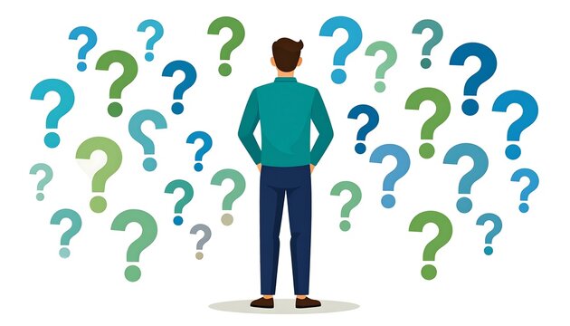 Man facing question marks representing uncertainty and problem solving